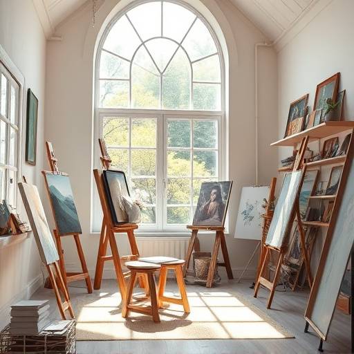 Un atelier d'artiste lumineux avec de grandes fenêtres et des œuvres d'art